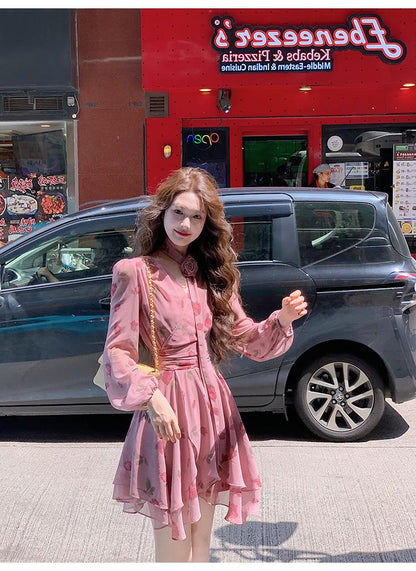 Gentle pink floral V-neck long-sleeved dress ED0363