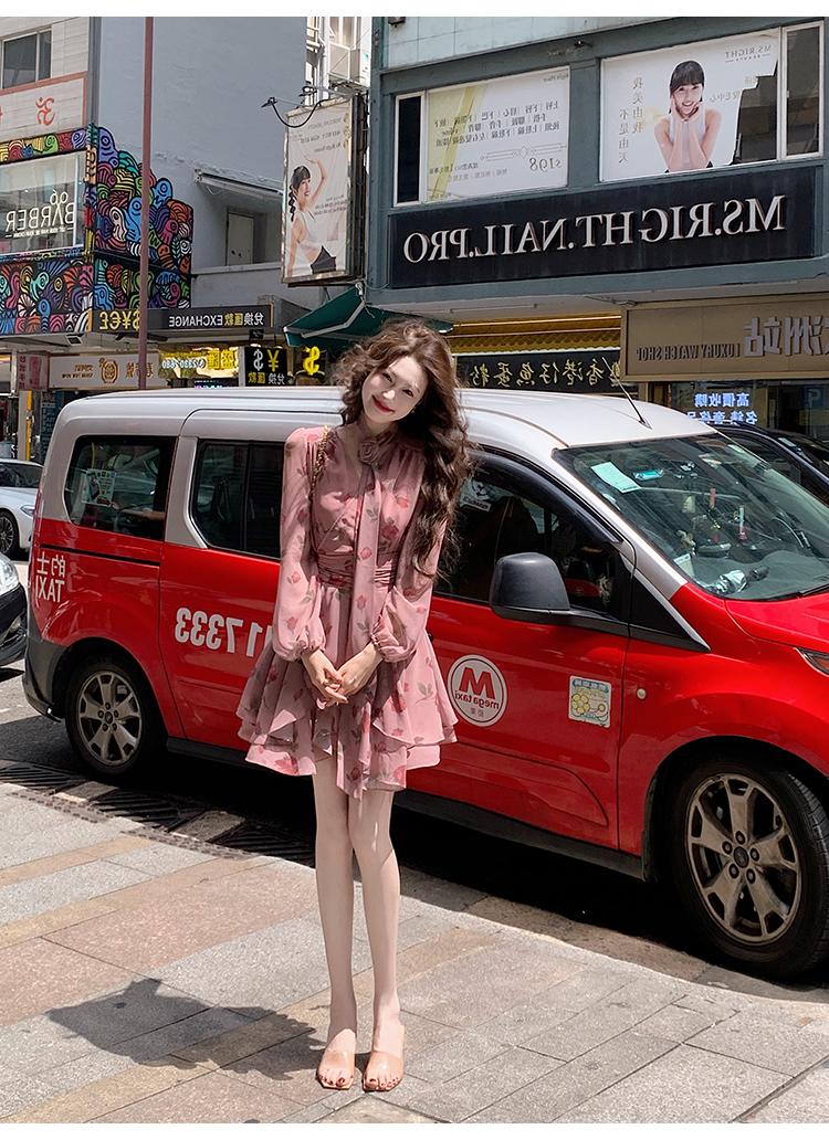 Gentle pink floral V-neck long-sleeved dress ED0363