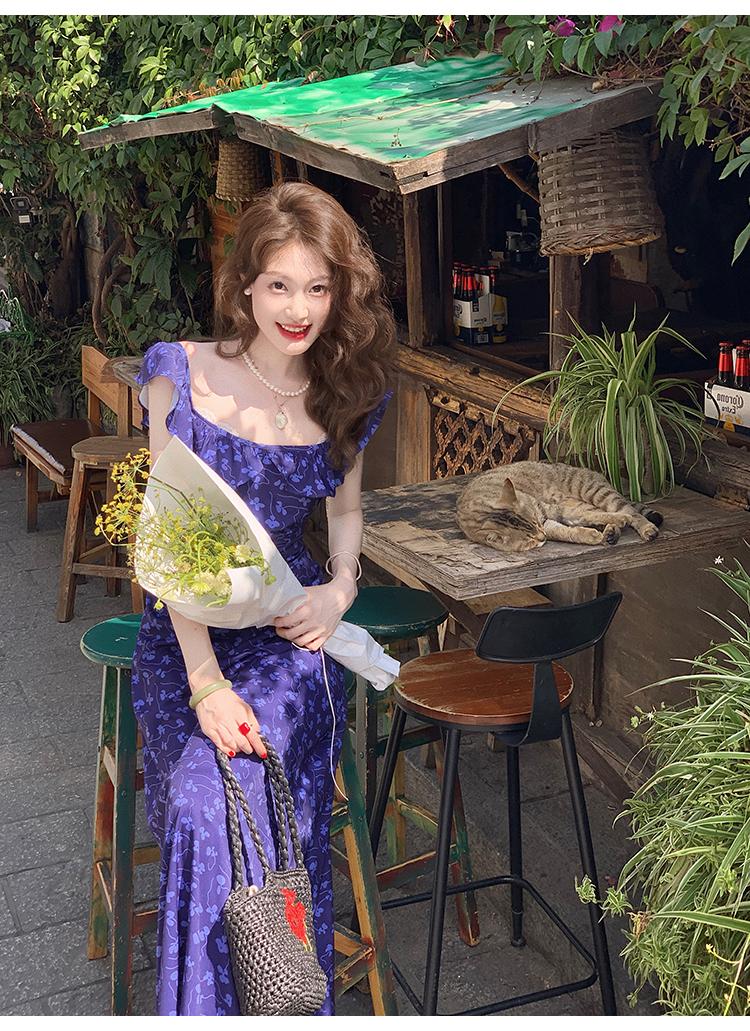 French Slim Tea Lace Square Neck Ruffle Edge Floral Dress ED0364