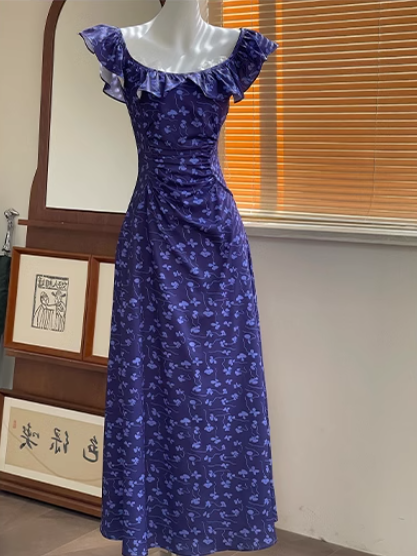 French Slim Tea Lace Square Neck Ruffle Edge Floral Dress ED0364