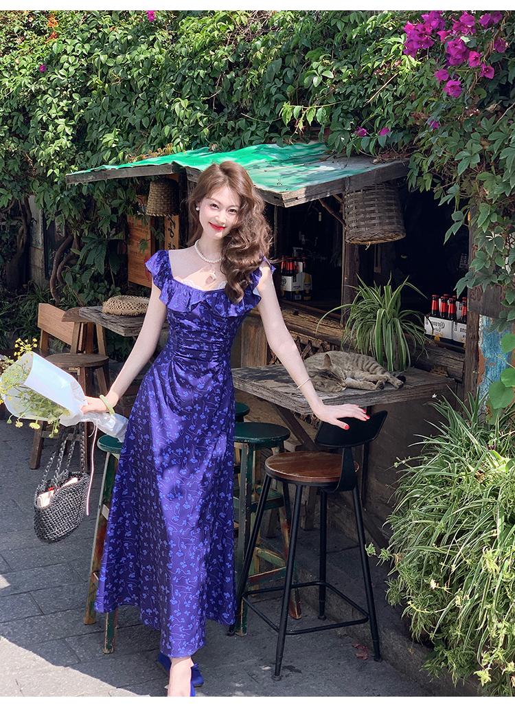 French Slim Tea Lace Square Neck Ruffle Edge Floral Dress ED0364