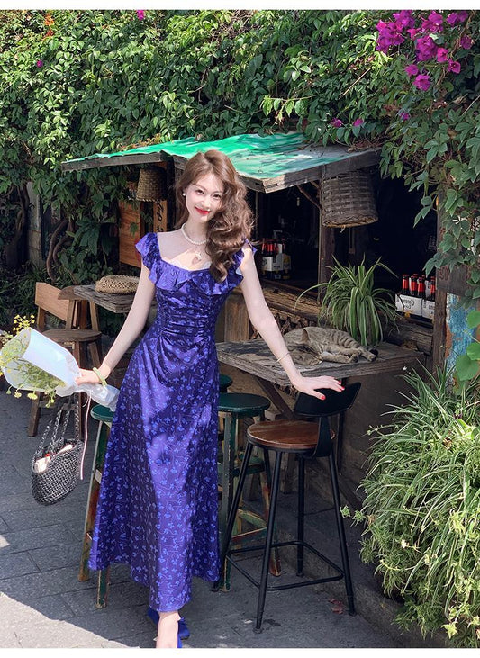 French Slim Tea Lace Square Neck Ruffle Edge Floral Dress ED0364