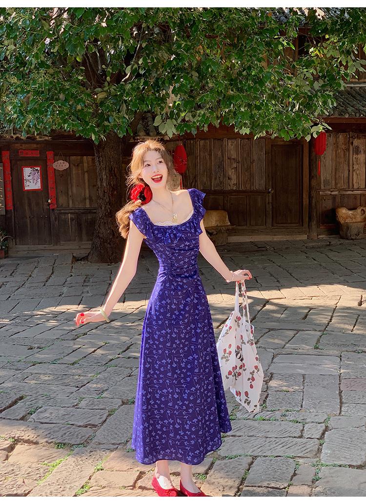 French Slim Tea Lace Square Neck Ruffle Edge Floral Dress ED0364