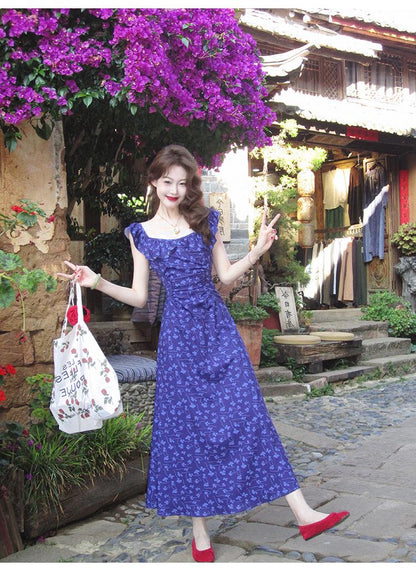 French Slim Tea Lace Square Neck Ruffle Edge Floral Dress ED0364