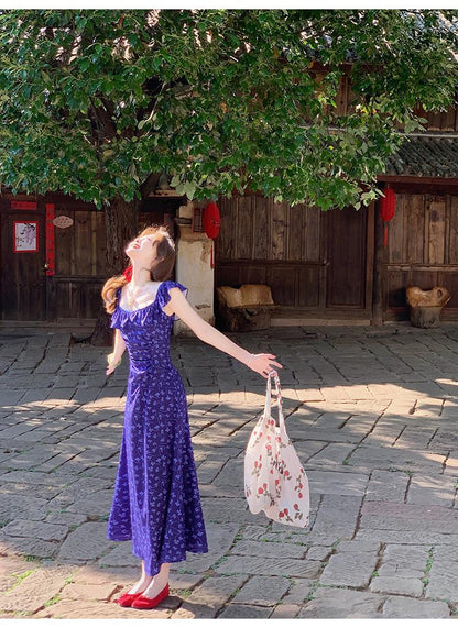 French Slim Tea Lace Square Neck Ruffle Edge Floral Dress ED0364