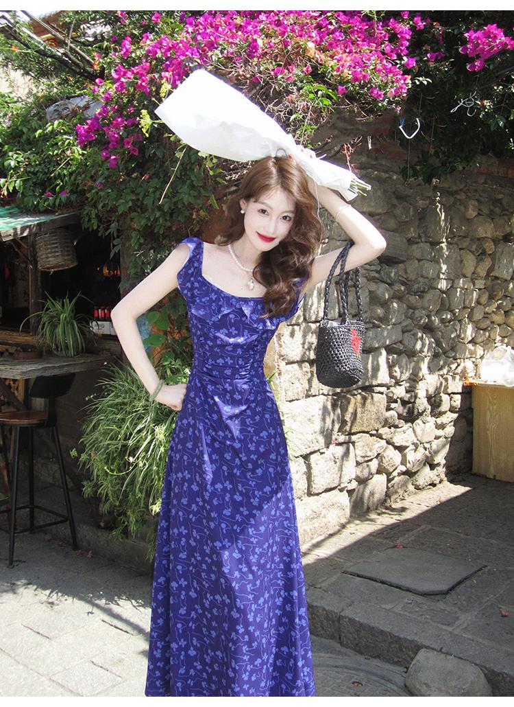 French Slim Tea Lace Square Neck Ruffle Edge Floral Dress ED0364