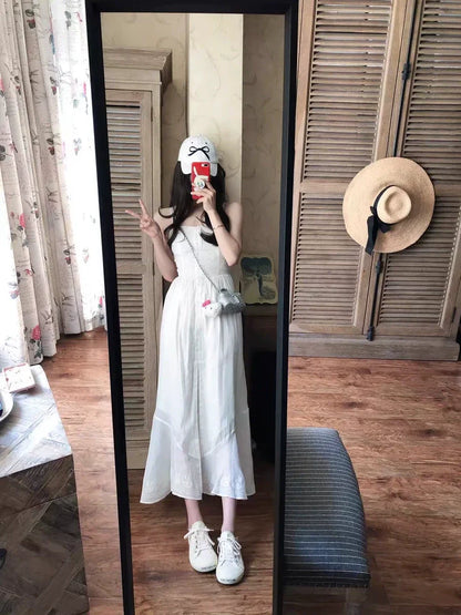 French style embroidered single-breasted button white suspender dress ED0365