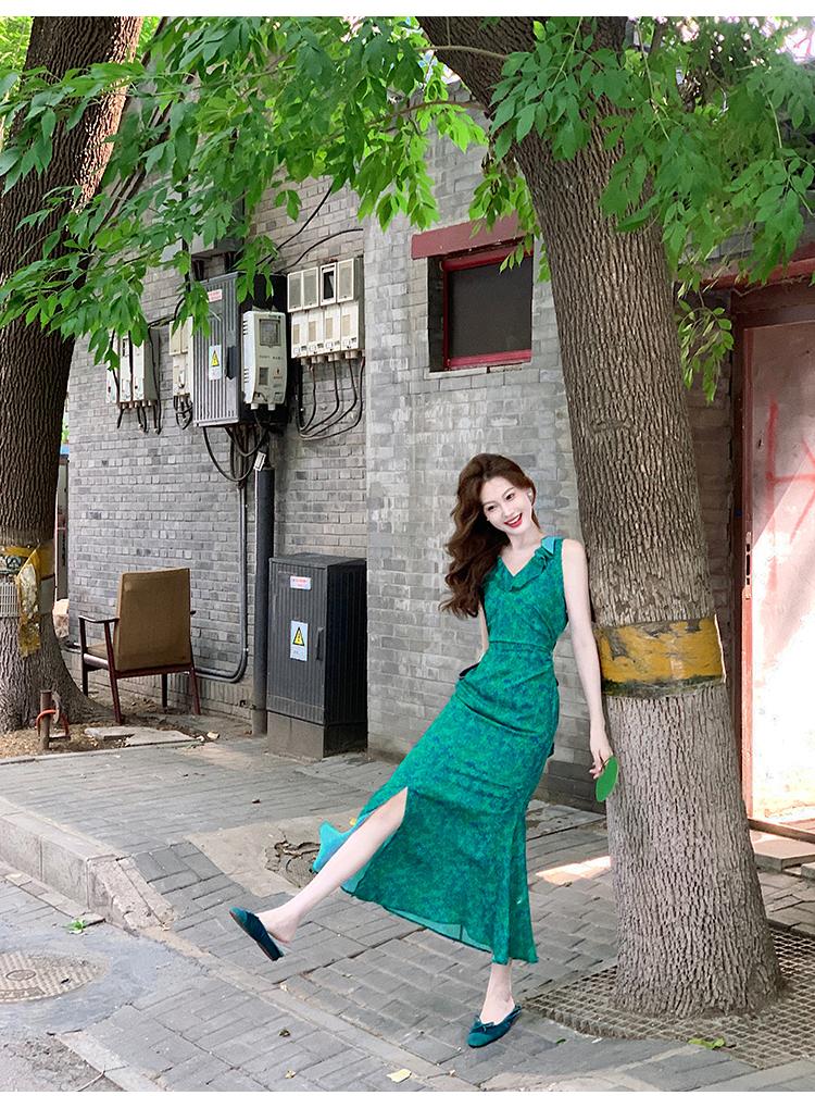 French retro floral ruffled temperament waist slit dress ED0366