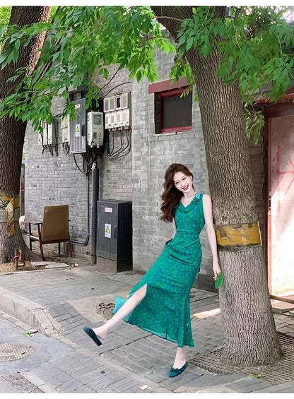 French retro floral ruffled temperament waist slit dress ED0366