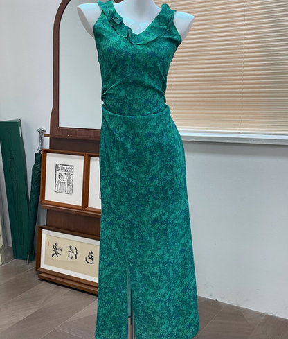 French retro floral ruffled temperament waist slit dress ED0366