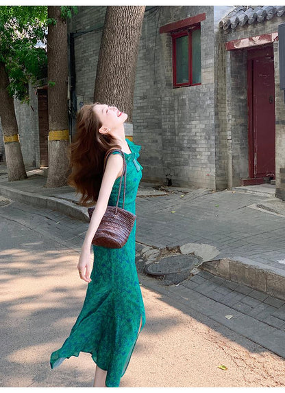 French retro floral ruffled temperament waist slit dress ED0366