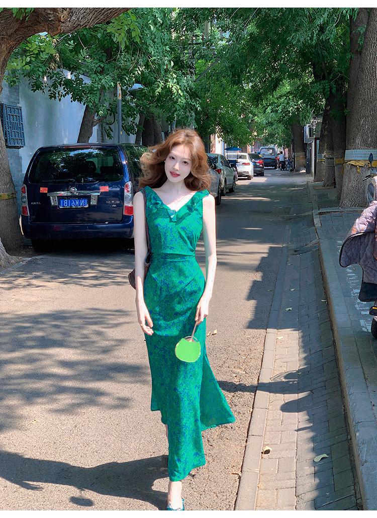 French retro floral ruffled temperament waist slit dress ED0366