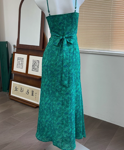 French retro floral ruffled temperament waist slit dress ED0366