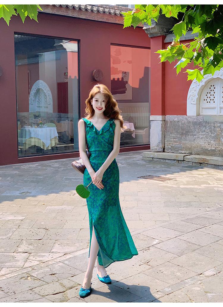 French retro floral ruffled temperament waist slit dress ED0366