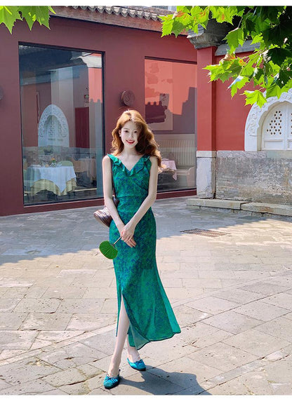 French retro floral ruffled temperament waist slit dress ED0366