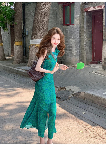 French retro floral ruffled temperament waist slit dress ED0366