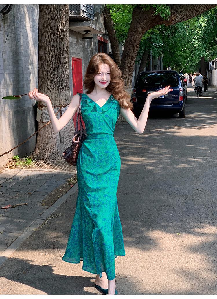 French retro floral ruffled temperament waist slit dress ED0366