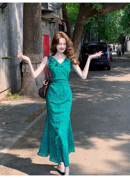 French retro floral ruffled temperament waist slit dress ED0366