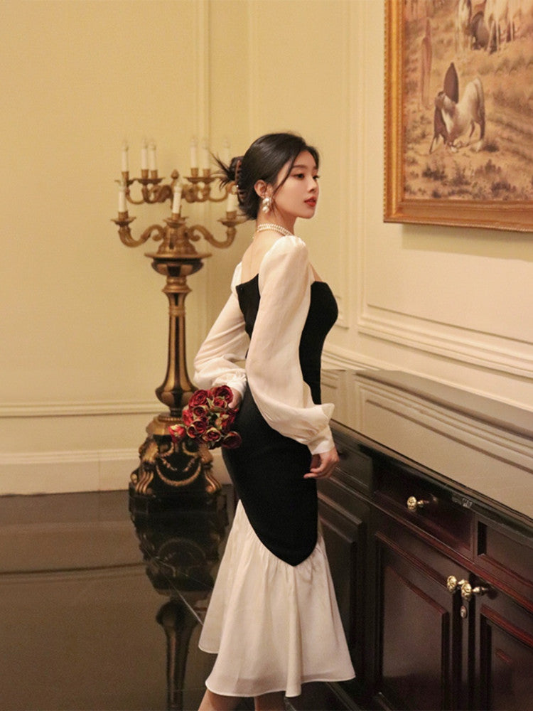 French Square Neck Contrast Color Stitching Slim Fishtail Dress ED0367
