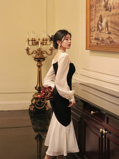 French Square Neck Contrast Color Stitching Slim Fishtail Dress ED0367