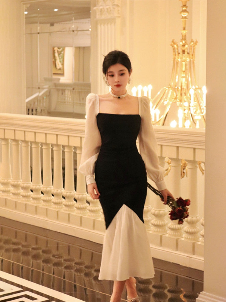 French Square Neck Contrast Color Stitching Slim Fishtail Dress ED0367