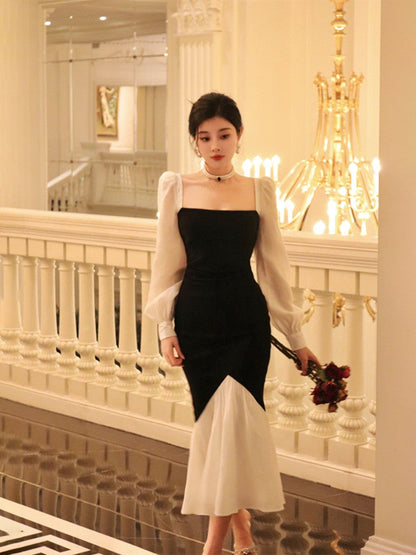 French Square Neck Contrast Color Stitching Slim Fishtail Dress ED0367