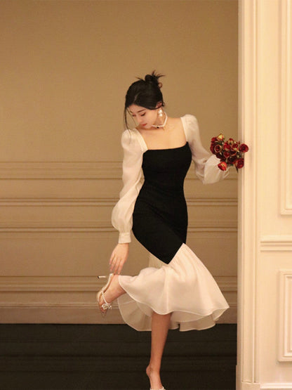 French Square Neck Contrast Color Stitching Slim Fishtail Dress ED0367