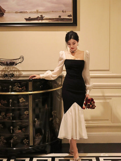 French Square Neck Contrast Color Stitching Slim Fishtail Dress ED0367