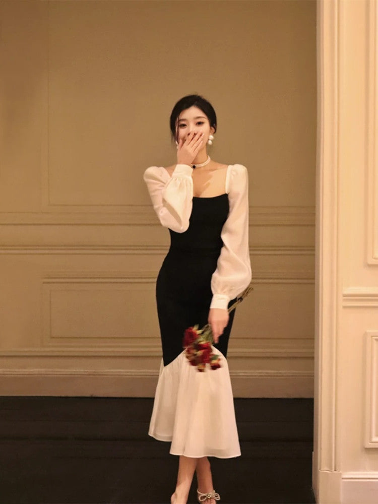 French Square Neck Contrast Color Stitching Slim Fishtail Dress ED0367