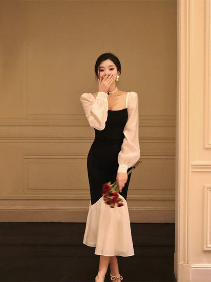 French Square Neck Contrast Color Stitching Slim Fishtail Dress ED0367