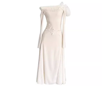 French one-shoulder knitted patchwork soft lace slim fishtail dress ED0368