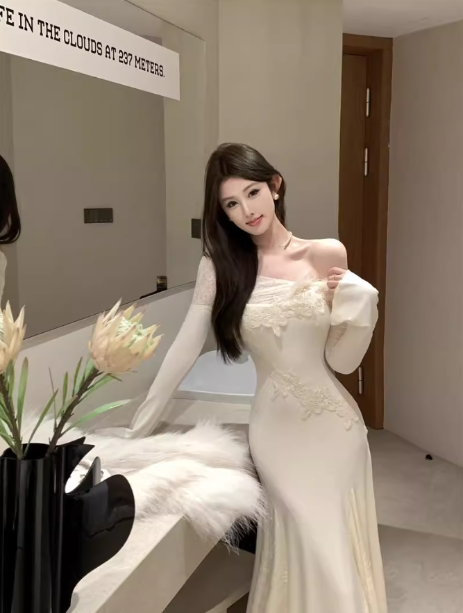 French one-shoulder knitted patchwork soft lace slim fishtail dress ED0368