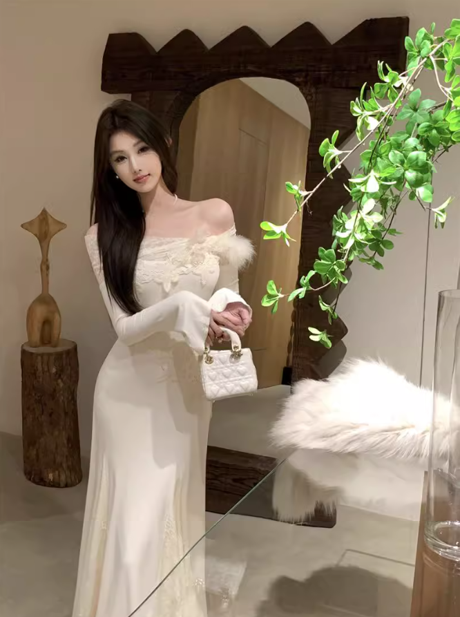 French one-shoulder knitted patchwork soft lace slim fishtail dress ED0368