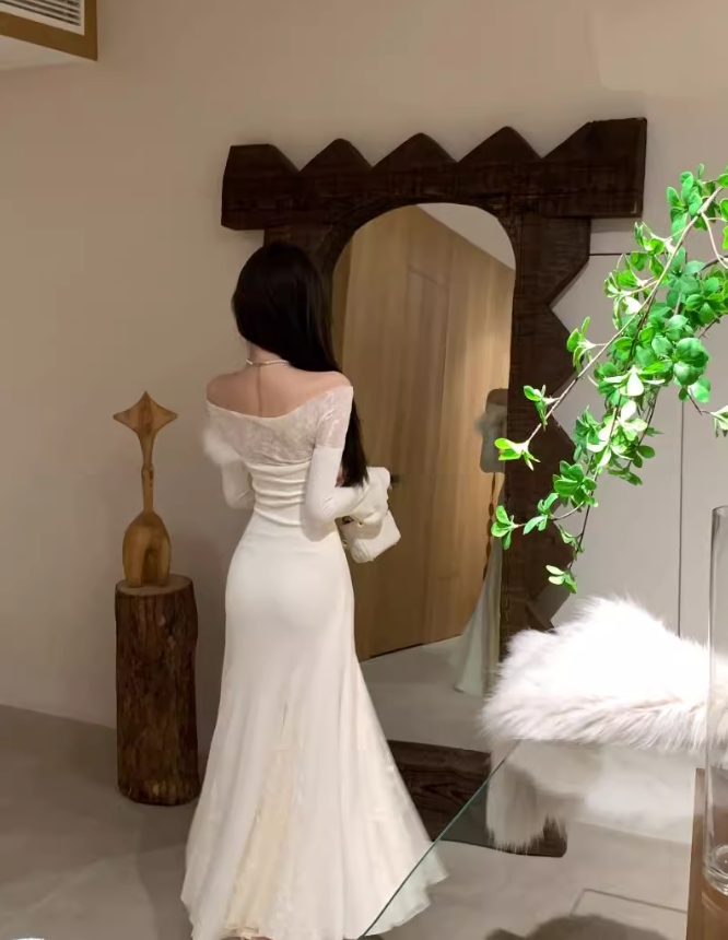 French one-shoulder knitted patchwork soft lace slim fishtail dress ED0368