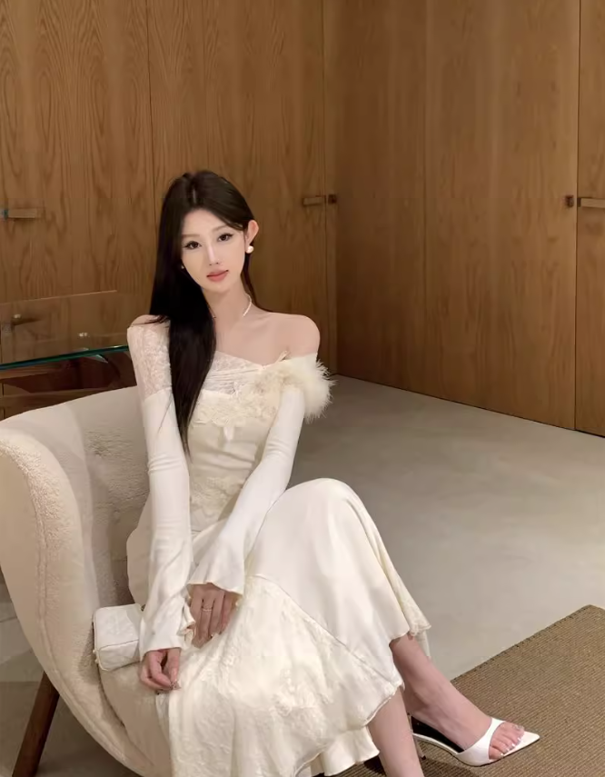 French one-shoulder knitted patchwork soft lace slim fishtail dress ED0368