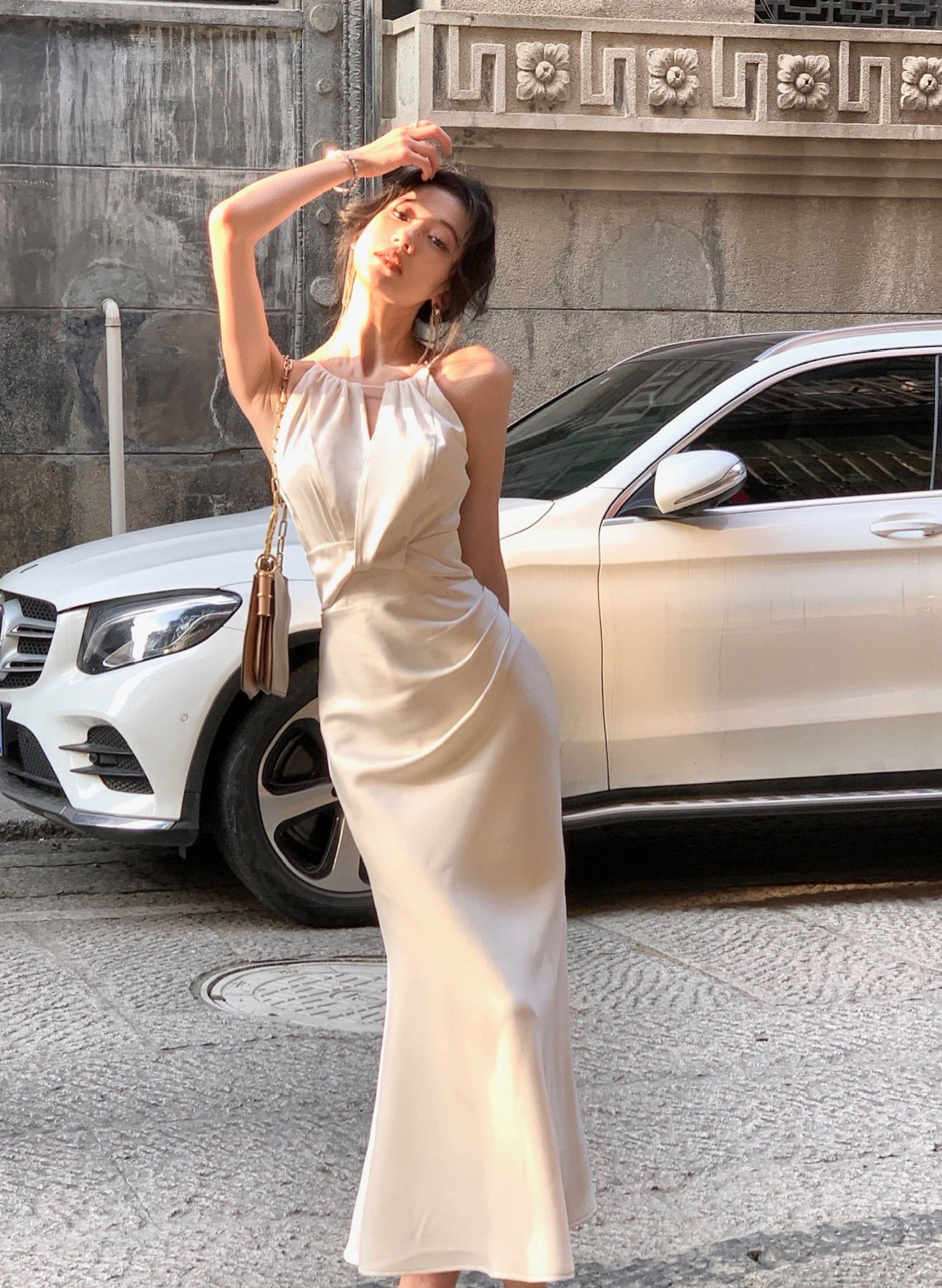 White Halter Neck Satin Sling Fishtail Dress ED0369