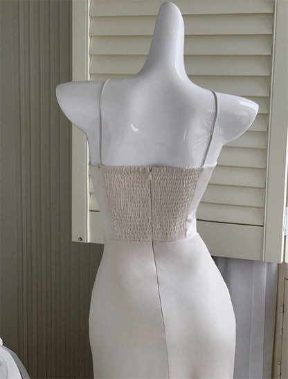 White Halter Neck Satin Sling Fishtail Dress ED0369