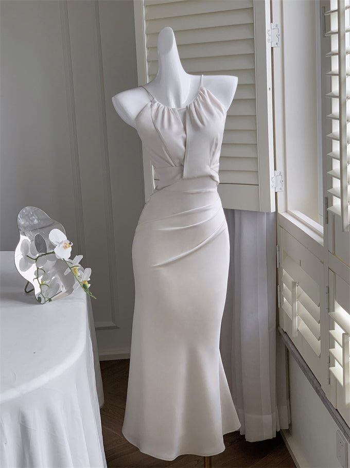 White Halter Neck Satin Sling Fishtail Dress ED0369