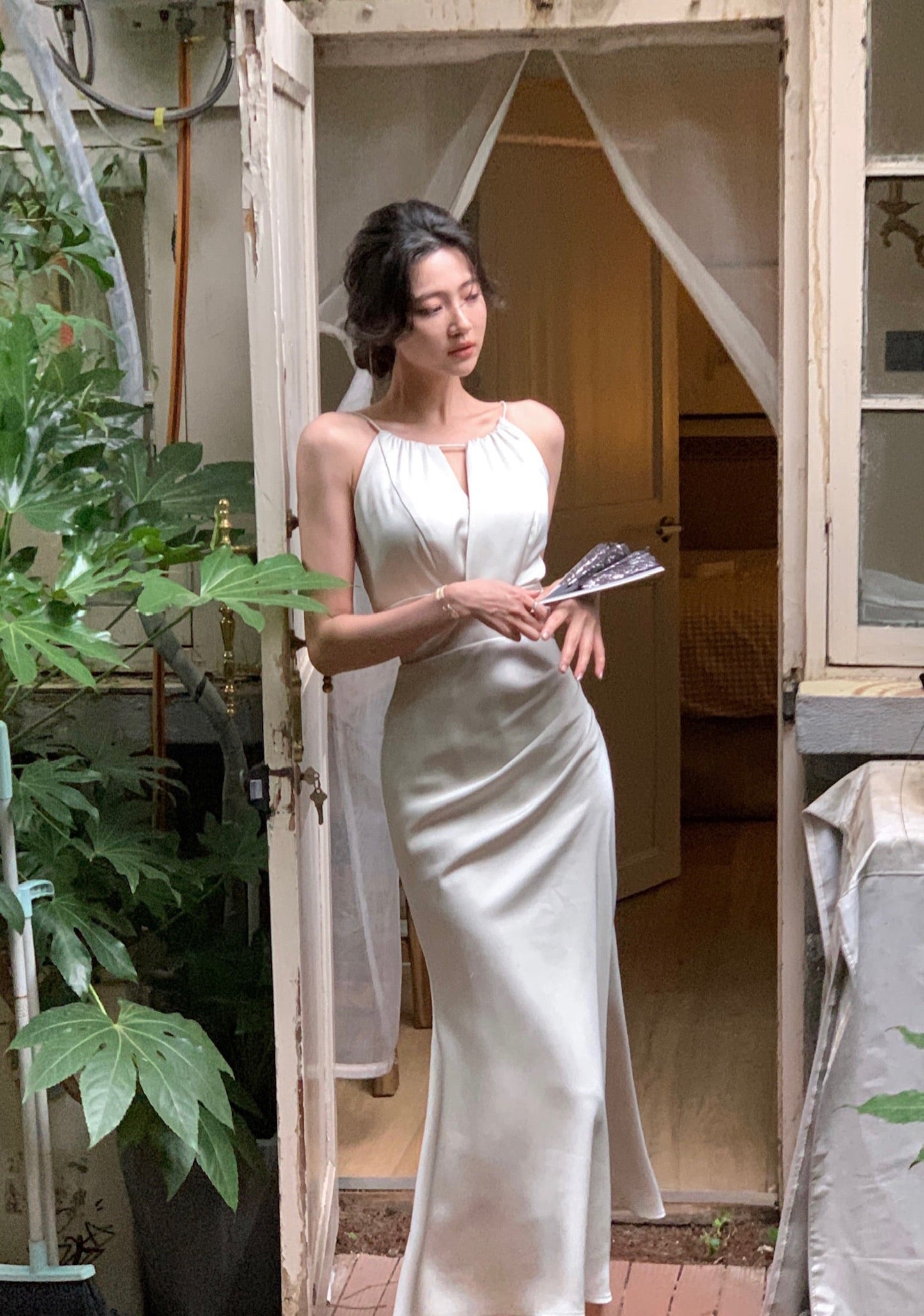 Light Green Halter Neck Satin Strap Fishtail Dress ED0370