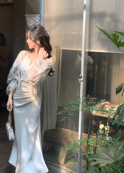 Light Green Halter Neck Satin Strap Fishtail Dress ED0370