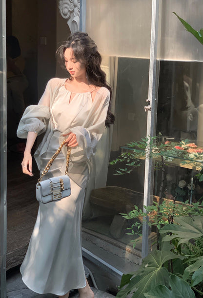 Light Green Halter Neck Satin Strap Fishtail Dress ED0370