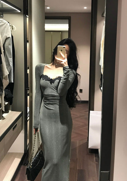 Lace patchwork mesh waist slimming knitted dress ED0371