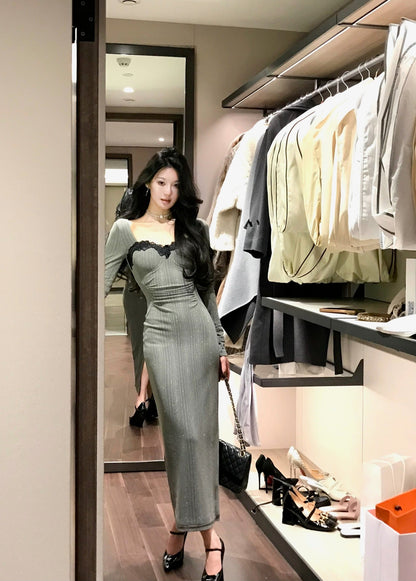 Lace patchwork mesh waist slimming knitted dress ED0371