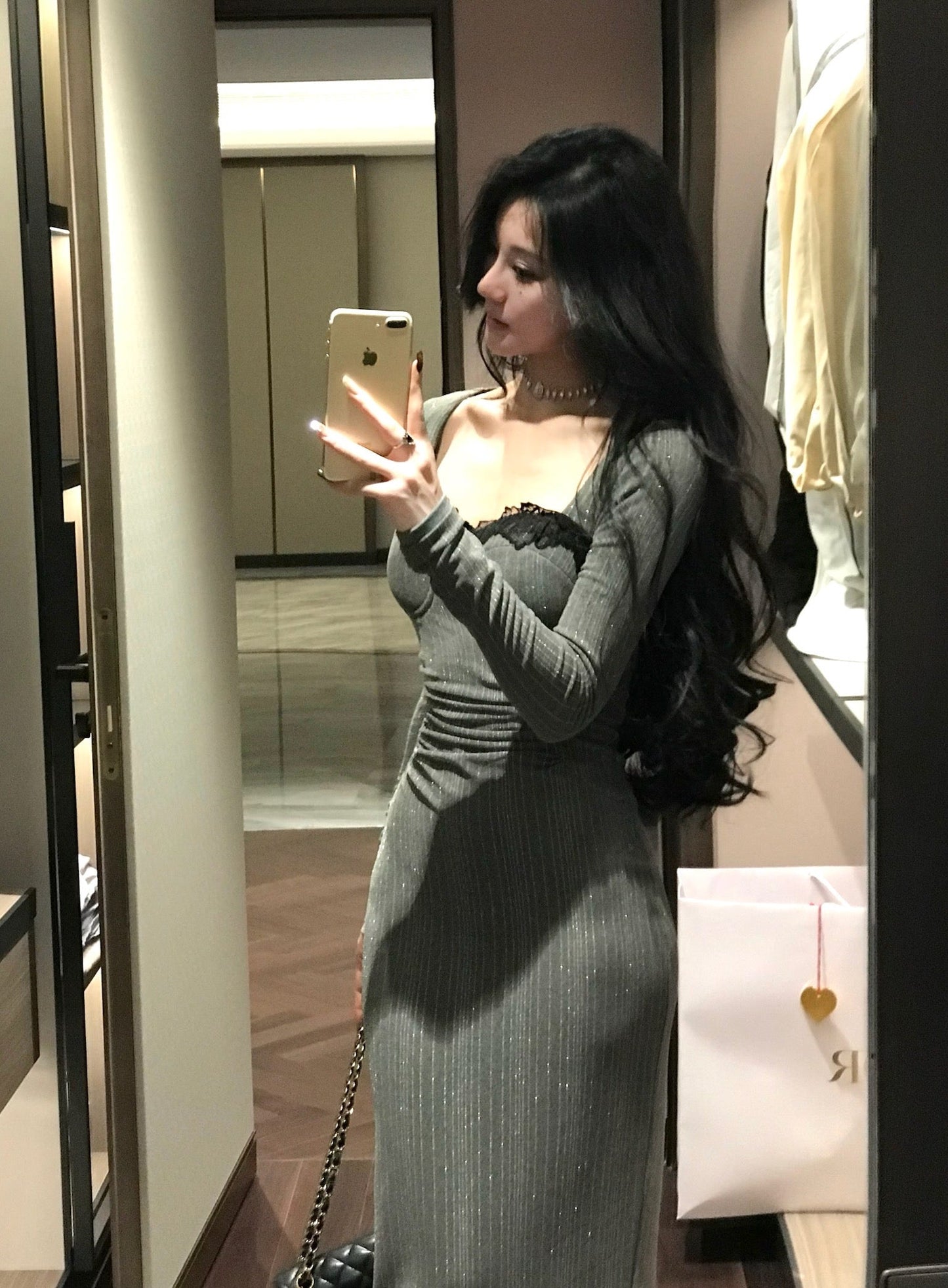 Lace patchwork mesh waist slimming knitted dress ED0371