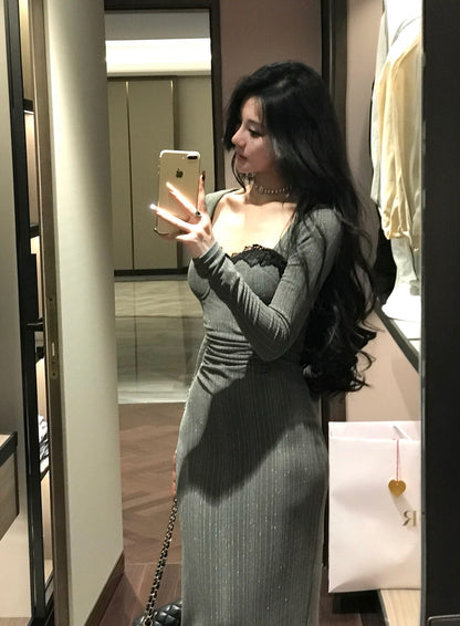 Lace patchwork mesh waist slimming knitted dress ED0371