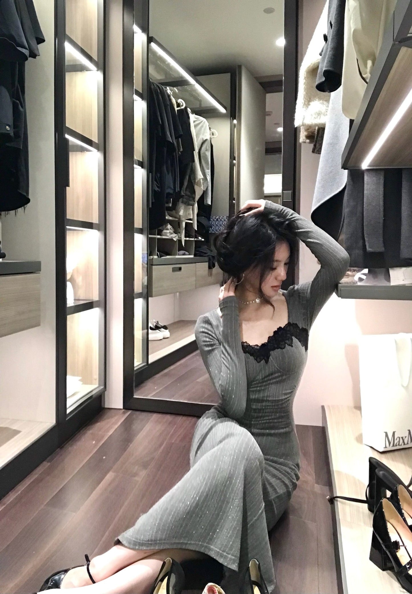 Lace patchwork mesh waist slimming knitted dress ED0371