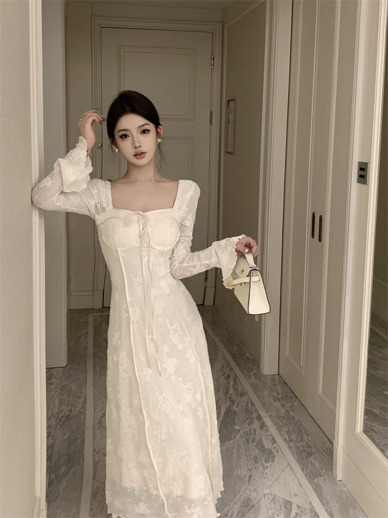 French elegant bow A-line long skirt white dress birthday dress ED0372