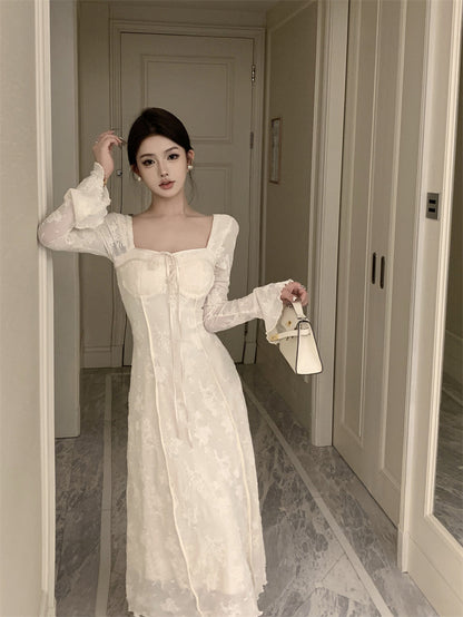 French elegant bow A-line long skirt white dress birthday dress ED0372