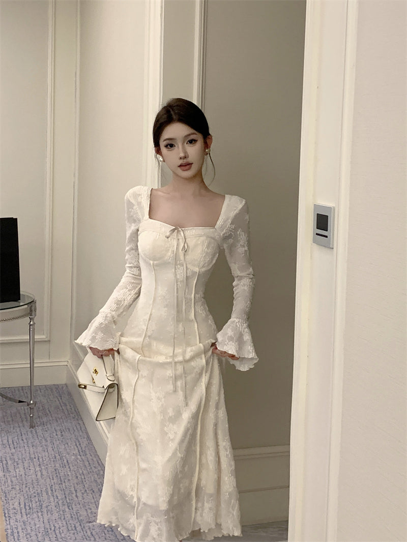 French elegant bow A-line long skirt white dress birthday dress ED0372