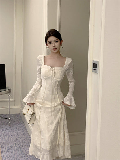 French elegant bow A-line long skirt white dress birthday dress ED0372